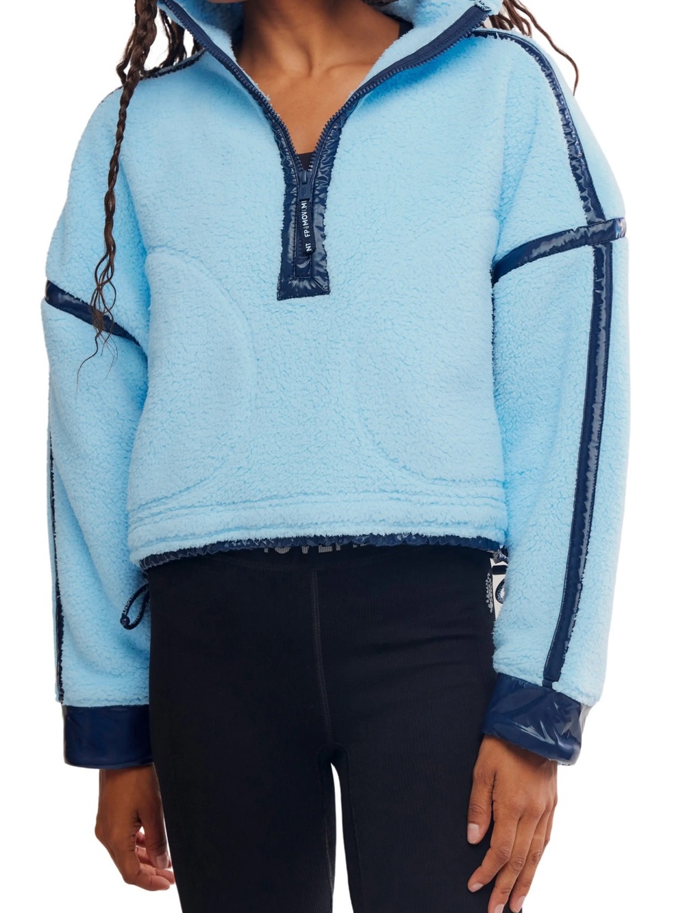 Free People Light Blue Sherpa Half-Zip Teddy Jacket with Navy Trim